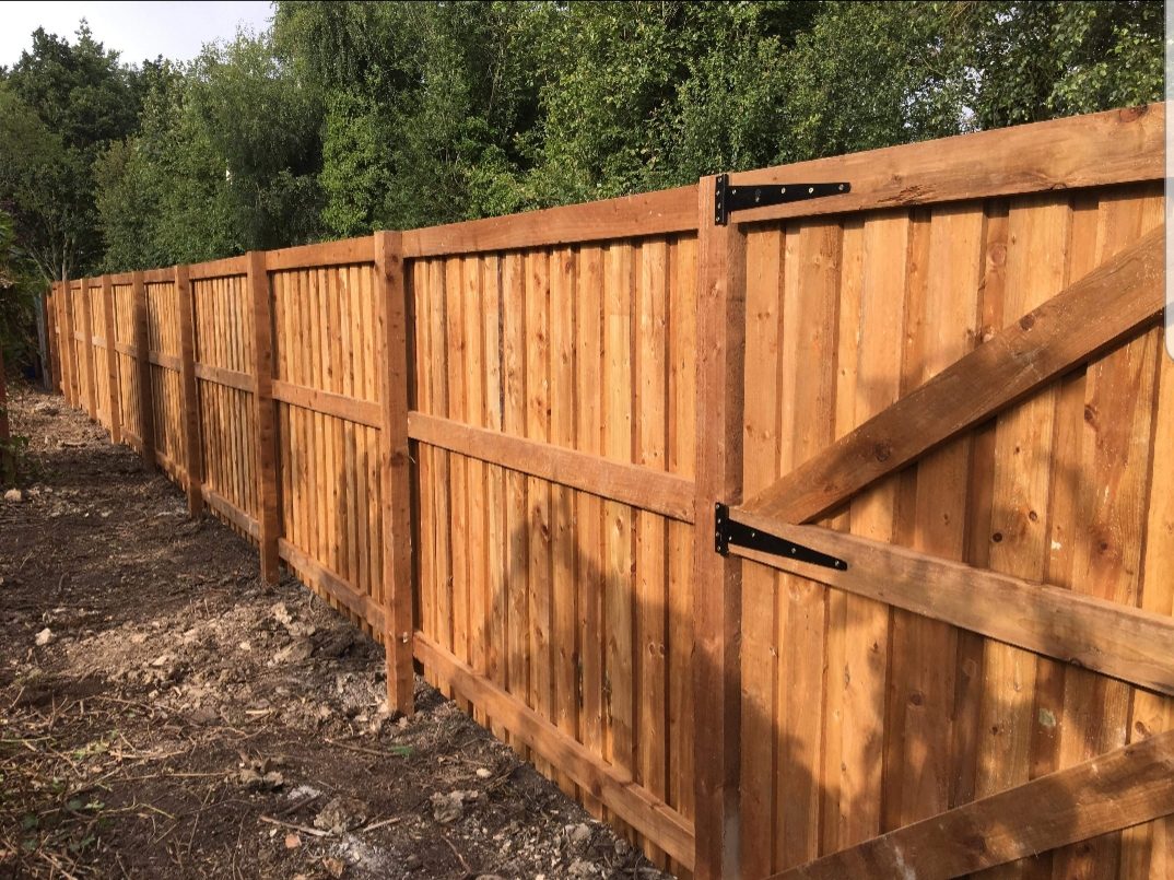 Feather-edge fence with a braced timber gate